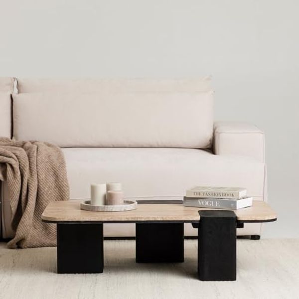 IDIMEX Couchtisch SURAT, Wohnzimmertisch 100x60 cm aus Mangoholz und Travertin Beige/Schwarz