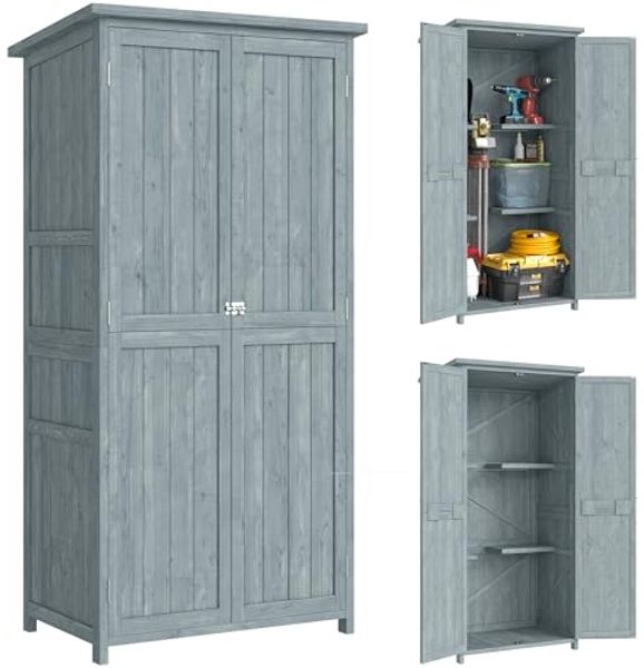 Outsunny Garten-Geräteschrank Outdoor wetterfest Mehrzweckschrank mit Doppeltür, Magnetverschluss, BxT: 85x54 cm, (Outdoor wetterfest Geräteschuppen, 1 St, Holz Gartenschrank), für Garten, Terrrasse 85 x 54 x 170 cm Grau