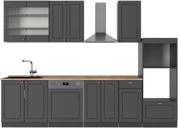 Küchenzeile Fame-Line Anthrazit-Gold Landhaus 300 cm mit Hochschrank, AP Eiche Vicco