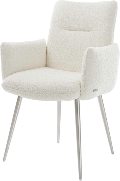 Esszimmerstuhl Jova-Flex mit Armlehnen Bouclé Weiß 4-Fuß konisch Edelstahl Taschenfederkern