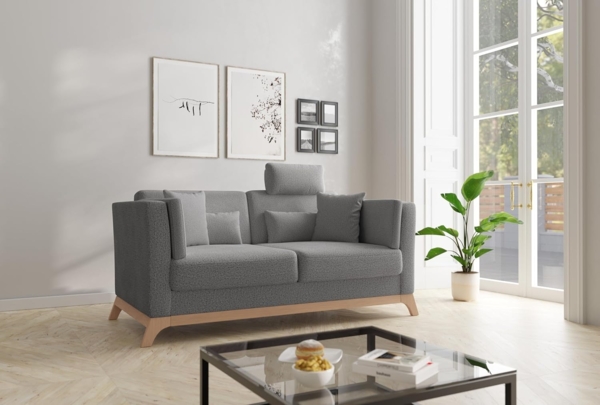 Cavadore 2,5er-Sofa Vida / 2,5-Sitzer Couch im trendigen Design mit massivem Holzrahmen in Buche, Kopfstütze mit Kuschelkissen / 183 x 84 x 93 / Chenille, Grau Bild 2