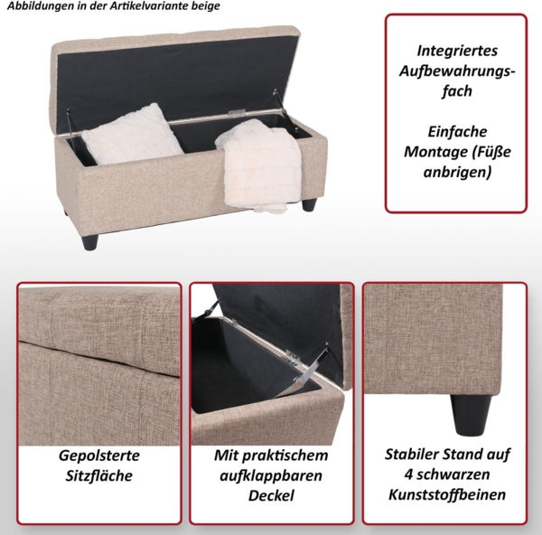 Aufbewahrungs-Truhe Kriens, Sitzbank Bank, Stoff/Textil, 45x114x45cm FSC®-zertifiziert ~ schwarz Bild 3