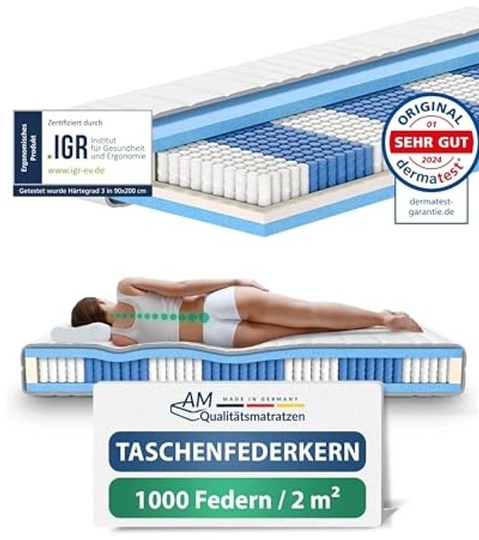AM Qualitätsmatratzen Deluxe Taschenfederkernmatratze 70x190 cm H3 24cm - Made in Germany & Oeko TEX Siegel - Federkernmatratze 70x190 mit 1000 Federn & Lyocell Bezug - 7 Zonen Matratze 70x190 H3
