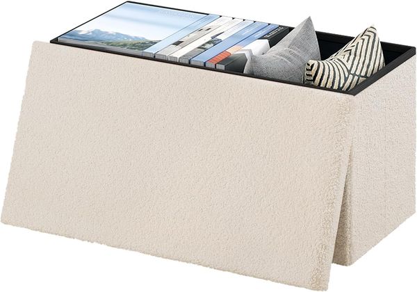 eSituro Sitzbank mit Stauraum, Faltbarer Sitzhocker, Truhenbank mit Deckel, Sitztruhe, Fußhocker, Aufbewahrungstruhe, Polsterbank aus Teddyfleece, 80 L, 300 kg belastbar, 76 x 37 x 38 cm, Beige, SOM0214