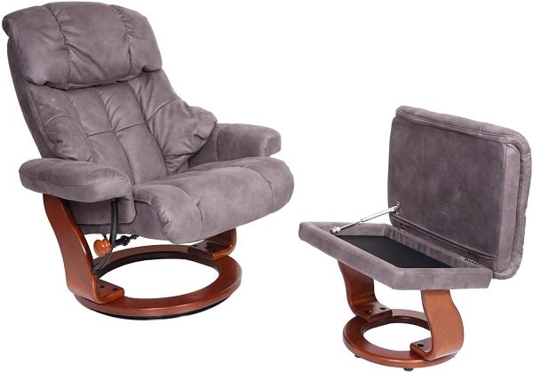 MCA Relaxsessel Calgary XXL, TV-Sessel Hocker, 180kg belastbar Stoff/Textil ~ dunkelgrau, Gestell Walnuss-Optik