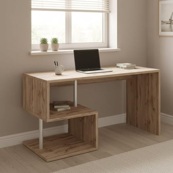 Dmora - Schreibtisch Valerio, linearer PC-Schreibtisch, Mehrzweck-Bürotisch, platzsparender Schreibtisch mit Mehreren Positionen, 100% Made in Italy, 140 x 60 x 78 cm, Eiche