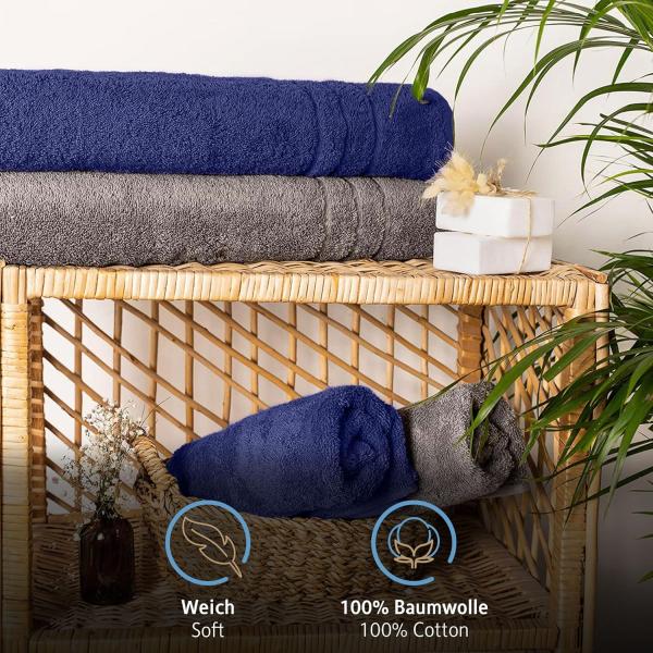 Komfortec 2er Saunatuch Set 80x200 cm aus 100% Baumwolle, XXL-Saunatücher, Sauna Handtuch, Weich, Groß, Frottee, Schnelltrocknend, Anthrazit/Navyblau Bild 2