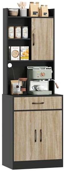 HOMCOM Mehrzweckschrank für Küche, Esszimmer (Hochschrank, 1-St, Buffetschrank) mit Kabelmanagementloch, Naturholz+Schwarz