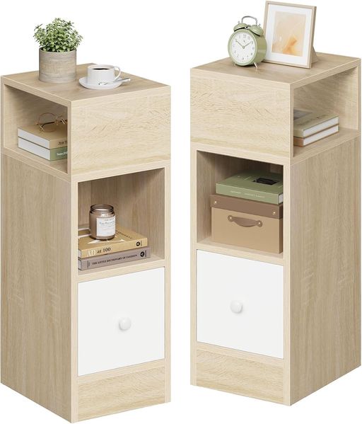 EUGAD 2er Set Nachttische schmal mit 2 offenen Ablagen 1 Schublade, schmaler Kleiner Nachtschrank im Schlafzimmer, 25 x 66 x 30 cm, Nachtkästchen Platzsparend, aus Holzwerkstoff, Hell Eiche, 0192ZZ-2