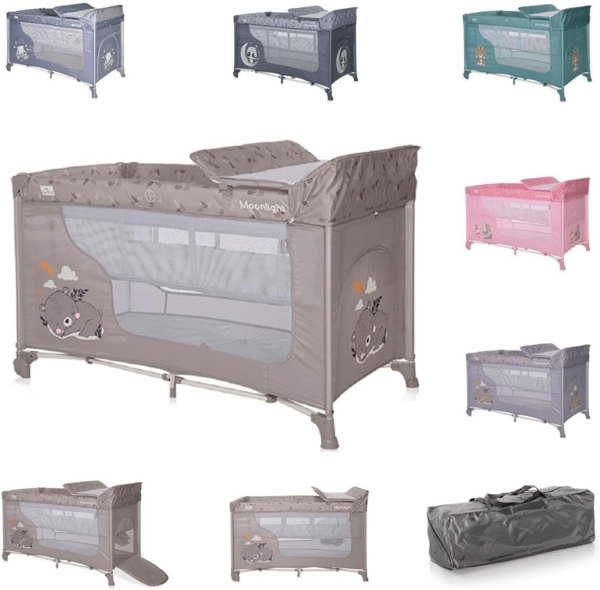 Lorelli Reisebett Moonlight zwei Ebenen, faltbar, Wickelauflage, Matratze, Räder braun