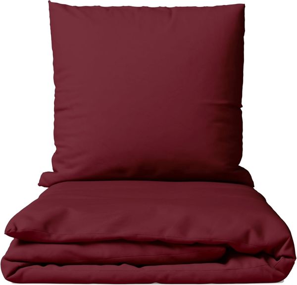 Müskaan - 2 teilig Renforcé Uni Bettwäsche mit Kopfkissen Garnitur, Reißverschluss - für Allergiker geeignet, atmungsaktiv, Bordeaux, 155x220 / 80x80 cm, 100% Baumwolle