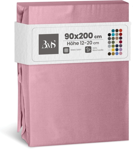 Bettwaesche-mit-Stil Mako-Satin Spannbettlaken rosa 90x200 cm, Höhe 20 cm