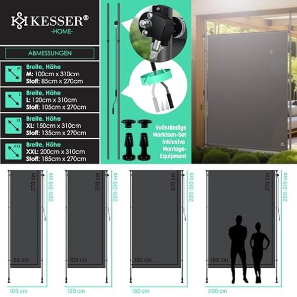 KESSER® Klemmmarkise Senkrechtmarkise außen Ausziehbar & Blickdicht | Vertikalmarkise mit Handkurbel ohne Bohren | Balkon-Sichtschutz & Windschutz für Garten & Terrasse Wasserfest Anthrazit, 150 x 310 cm Bild 7