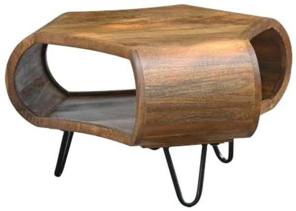 FINEBUY Couchtisch FB117850 60cm Massivholz mit Ablagefach Wohnzimmertisch Beistelltisch (Moderner Wohnzimmertisch aus Mangoholz), Organisch geformter Kaffeetisch mit Metallbeinen