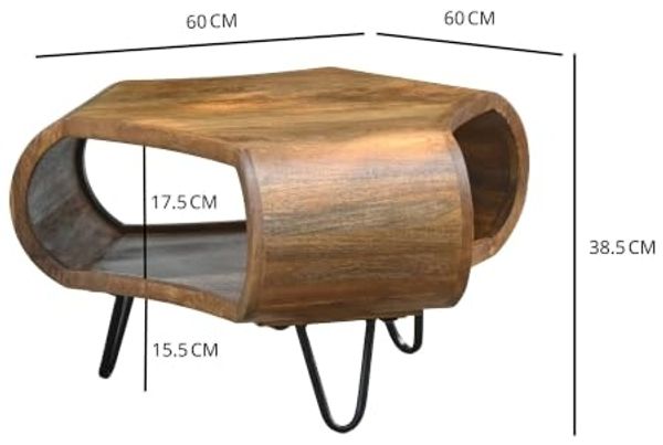 FINEBUY Couchtisch FB117850 60cm Massivholz mit Ablagefach Wohnzimmertisch Beistelltisch (Moderner Wohnzimmertisch aus Mangoholz), Organisch geformter Kaffeetisch mit Metallbeinen Bild 3