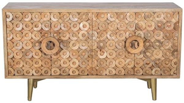 DRW Sideboard mit 4 Holztüren und Metallbeinen in Natur und Gold, 152 x 45 x 83 cm