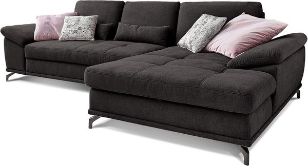 Cavadore Ecksofa Castiel mit Federkern / Großes Sofa in L-Form mit Sitztiefenverstellung und XL-Longchair / 312 x 89 x 173 / Webstoff, Schwarz