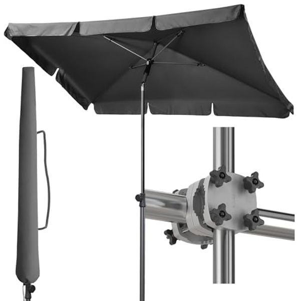 Menz Sonnenschirm Balkon - 3-IN-1 Sonnenschutz Balkon SET in Anthrazit, UPF 50+ Sonnenschirm rechteckig 200x125 cm + stabiler Sonnenschirmhalter Balkongeländer + Sonnenschirmhülle