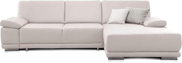 CAVADORE Ecksofa Corianne in Lederoptik / Couch inkl. Armteilverstellung und Longchair in modernem Design / 282 x 80 x 162 / Kunstleder, weiß