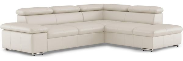CAVADORE Leder-Ecksofa Valerie mit Ottomane / Eckcouch mit Kopfteilverstellung + Metallfüßen / 272 x 73 x 226 / Echtleder Weiß