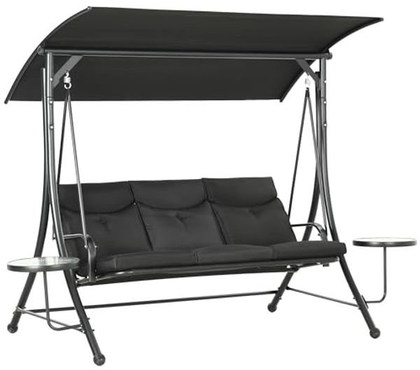 Outsunny Hollywoodschaukel mit Couchtische, mit verstellbarem Sonnendach, 3-Sitzer, mit verstellbarem Sonnendach, 3-Sitzer Gartenschaukel, 1 tlg, Schaukelbank, belast bis 300kg, für Garten, Terrasse, 278 x 135 x 177 cm, Schwarz