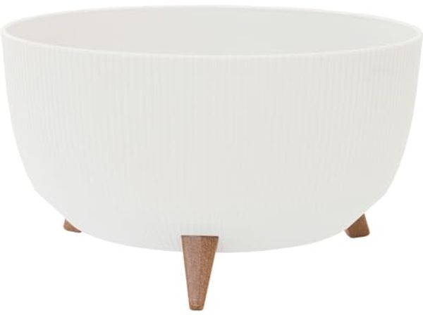 Pflanzgefäß OSLO STRIPE weiß 47 x 26,5 cm Streifenoptik mit Einsatz und Holzfüßen | Skandinavisches Design wetterfest UV-beständig
