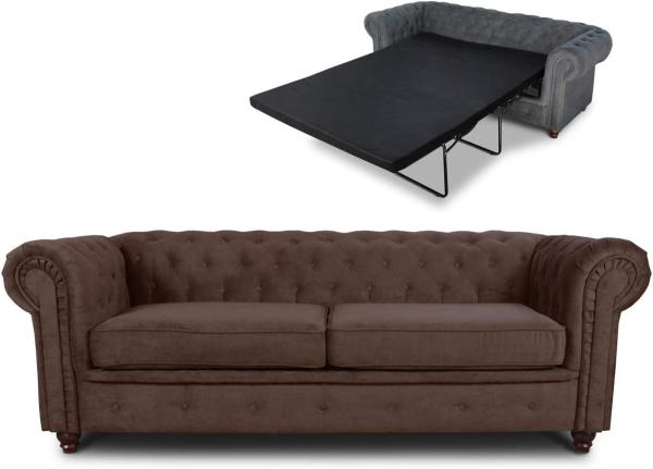 Schlafsofa Chesterfield Asti Bis 3-Sitzer, Sofa mit Schlaffunktion, Couch 3-er, Couchgarnitur, Sofagarnitur, Holzfüße - Glamour Design (Braun (Capri 45))