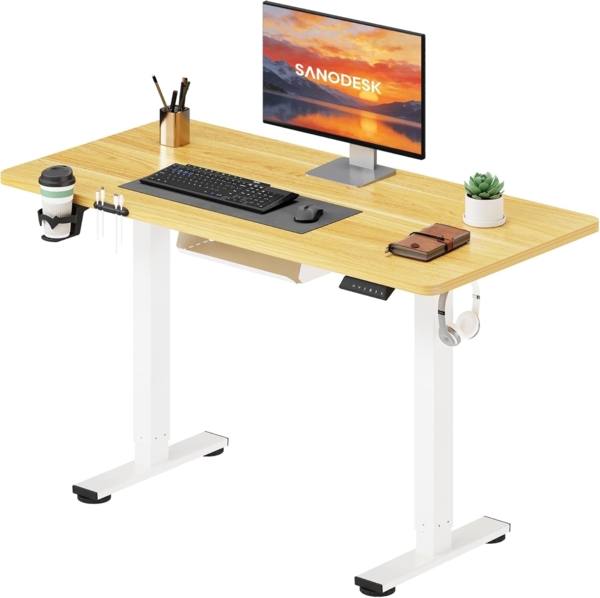 SANODESK Höhenverstellbarer Schreibtisch 110x60 cm mit KOMPLETTE TISCHPLATTE Schreibtisch Höhenverstellbar Elektrisch Ergonomischer Steh-Sitz Tisch Computertisch für Heimbüro Homeoffice(ahorn)