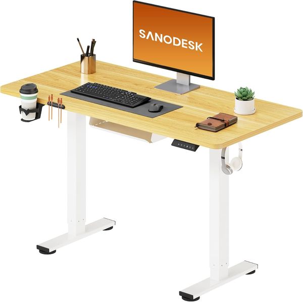 SANODESK Höhenverstellbarer Schreibtisch 110x60 cm mit KOMPLETTE TISCHPLATTE Schreibtisch Höhenverstellbar Elektrisch Ergonomischer Steh-Sitz Tisch Computertisch für Heimbüro Homeoffice(ahorn)