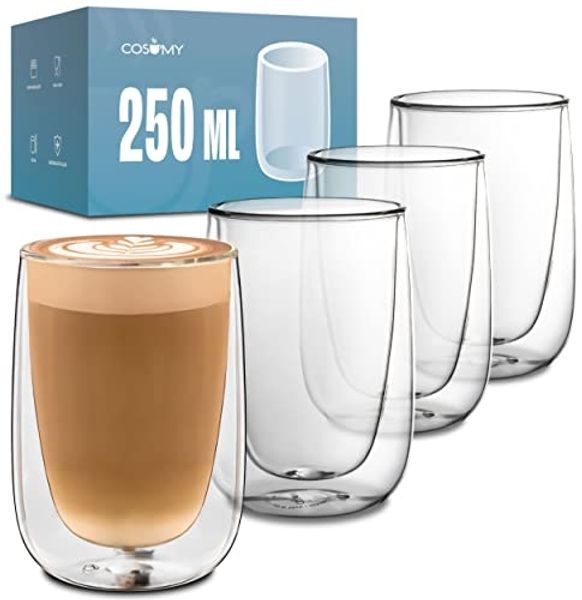Cosumy Gläser-Set 4 doppelwandige Cappuccino Thermogläser 250ml - Halt die Temperatur, 4-tlg, Glas, Cappuccino Thermogläser - für Heiß- und Kaltgetränke