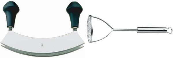 WMF Kräutermesser Wiegemesser zweischneidig 17,5 cm, geschmiedeter Spezialklingenstahl & Profi Plus Kartoffelstampfer 28,5 cm, Cromargan Edelstahl teilmattiert, spülmaschinengeeignet