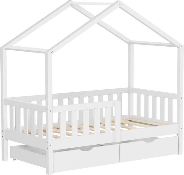 ML-DESIGN Spielbett Hausbett Kinderbett inkl. 2 Schubladen, Lattenrost und Rausfallschutz, Abenteuerbett 70x140cm Haus Bett Himmelbett Kiefer Jugendbett Weiß