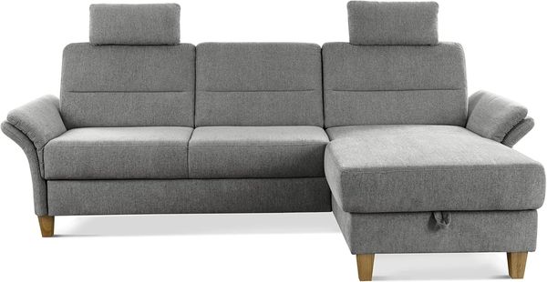 CAVADORE Ecksofa Wyk mit Federkern / Schlafsofa im Landhaus-Stil mit Longchair, Bett, Bettkasten, Armteilfunktion + 2 Kopfstützen / 252 x 90 x 162 / Chenille, Grau