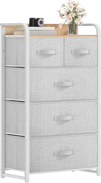 DWVO Kommode mit 5 Stoffschubladen und Griffen, Stabiler Stahlrahmen, Langlebig und Platzsparend für Schlafzimmer und Wohnzimmer,Hellgrau