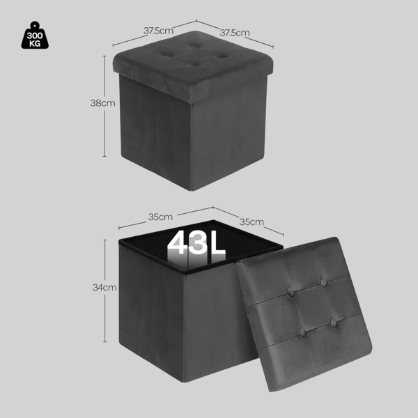 WOLTU Sitzhocker mit Stauraum Sitzwürfel Sitzbank faltbar Truhen Aufbewahrungsbox, Deckel abnehmbar, Gepolsterte Sitzfläche aus Samt, 37,5 x 37,5 x 38CM(LxBxH), Grau, SH69gr Bild 3