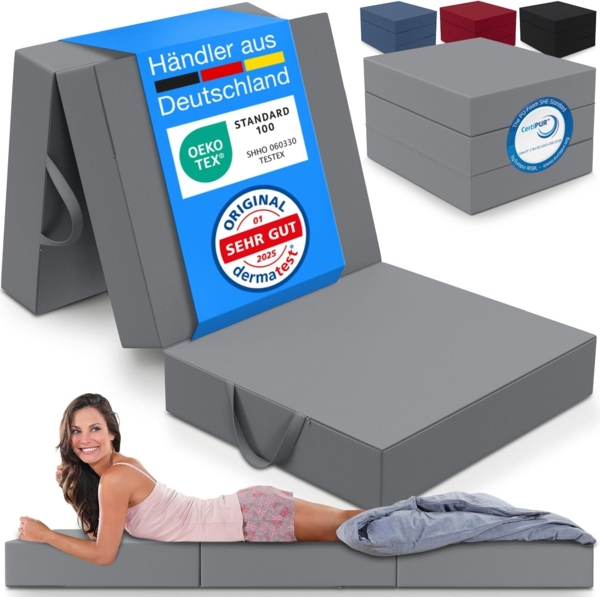 Bestschlaf Klappmatratze, 15 cm hoch, waschbar, geeignet für Hausstauballergiker, Grau, 15 x 195 x 75 cm