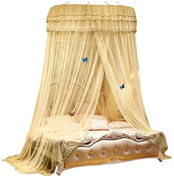 Kaiyei Moskitonetz Universal Himmelbett für Doppel, Einzel, Kinderbetten, Prinzessin Betthimmel Rund mit Klebehaken Schlafzimmer Schmetterling Dekoration Romantisch Palast Beige Gelb 120cm×200cm