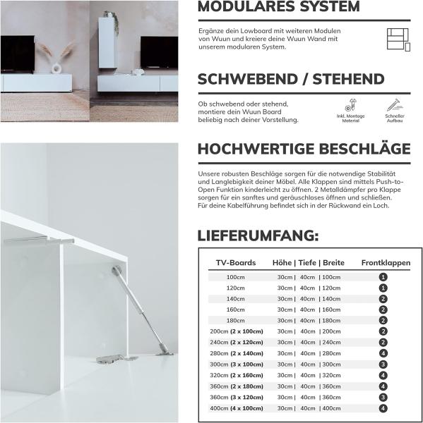 Wuun® TV Board hängend/8 Größen/5 Farben/100cm Matt Weiß- Eiche/Lowboard Hängeschrank Hängeboard Wohnwand/Hochglanz & Naturtöne/Somero Bild 5