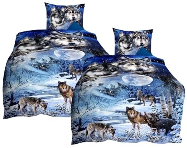 JACK Bettwäsche JACK by Kaeppel 135x200cm Wolf Wölfe Mond, Mako-Satin, 4 teilig, hochwertiger Digitaldruck mit einem eindrucksvollem Wolfmotiv