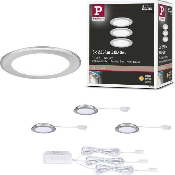 Paulmann LED Möbel-Einbauleuchte eisen gebürstet Ø 6,5 cm warmweiß 3er Set