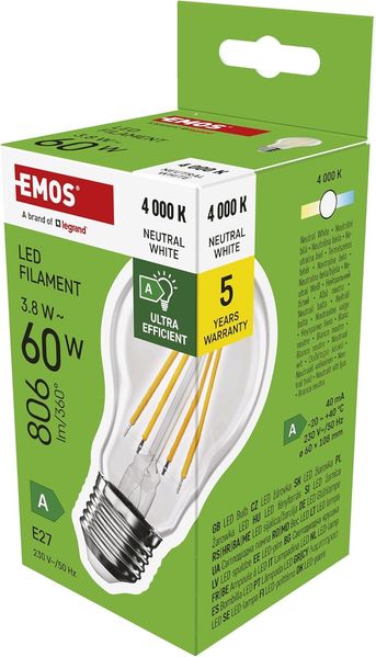 EMOS LED Lampe Edison A60, 3,8W Ersatz für 60W Glühbirne, A Klasse Vintage-Birne mit E27 Sockel, Helligkeit 806 lm, Neutralweiß 4000 K, extra lange Lebensdauer 50000h, CRI min. 80, 300° Abstrahlwinkel