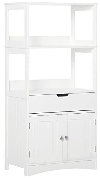 kleankin Badezimmer Midischrank Badezimmerschrank mit 2 offnenen Regalen Schublade Unterschrank Weiß 60 x 33 x 122,5 cm