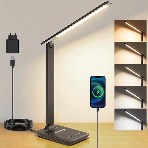 UPXNBOR Schreibtischlampe LED Dimmbar, Tischlampe mit Augenschutz & USB-Ladeanschluss, 5 Farbtemperaturen & 5 Helligkeitsstufen, Touch-Steuerung, faltbar, für Büro, Lesen und Homeoffice