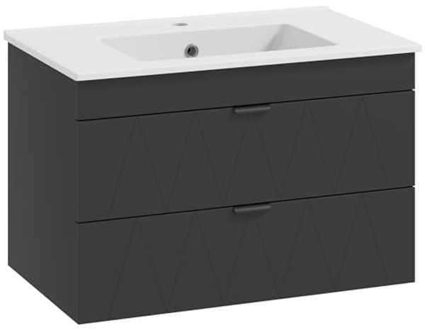 HOMCOM Waschbeckenunterschrank mit Keramikwaschbecken, 2 Soft-Close-Schubladen (Hängender Unterschrank, 1-St, Waschtischunterschrank) Schwarz, 76 x 46 x 50 cm
