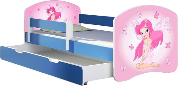 ACMA Kinderbett Jugendbett mit Einer Schublade und Matratze Blau mit Rausfallschutz Lattenrost II 140x70 160x80 180x80 (07 Rosa Fee, 180x80 + Bettkasten)