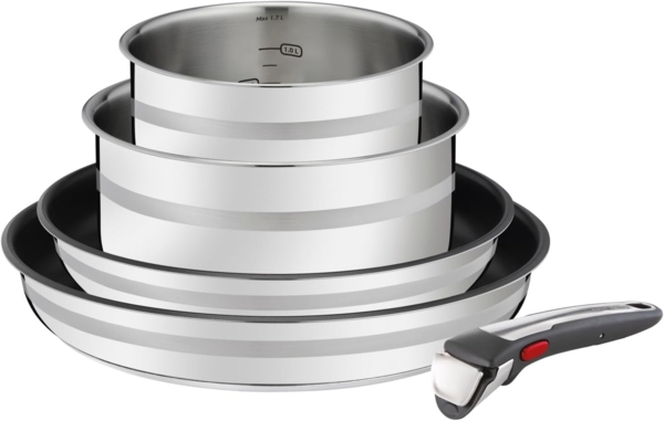 Jamie Oliver by Tefal Ingenio 5-teiliges Topf und Pfannenset abnehmbarer Griff, stapelbar, platzsparend, Topfset Induktion mit Antihaftversiegelung, einfache Handhabung und Reinigung, L97696