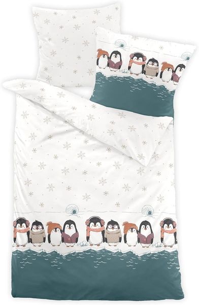 Dormisette Fein Biber Bettwäsche 155x220 Pinguine Iglu Eiskristalle petrol weiß 3610-40