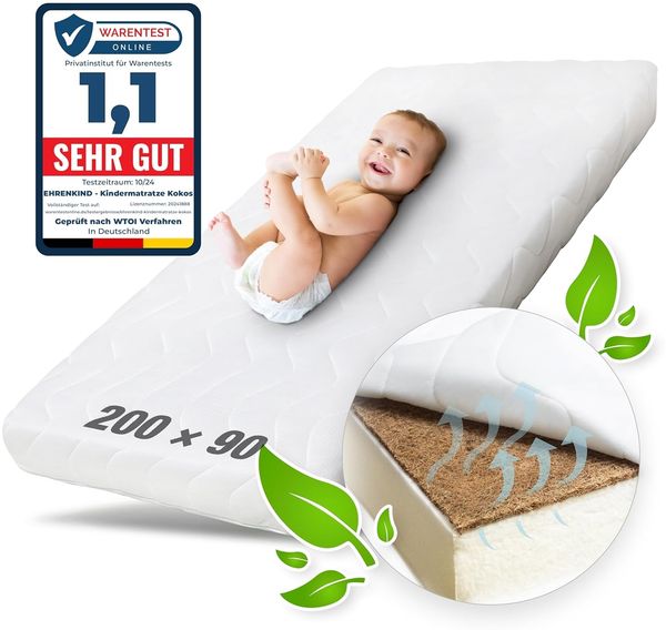 Ehrenkind® Kindermatratze Kokos | Baby Matratze 90x200 | Babymatratze 90x200 mit hochwertigem Schaum, Kokosplatte und Hygienebezug
