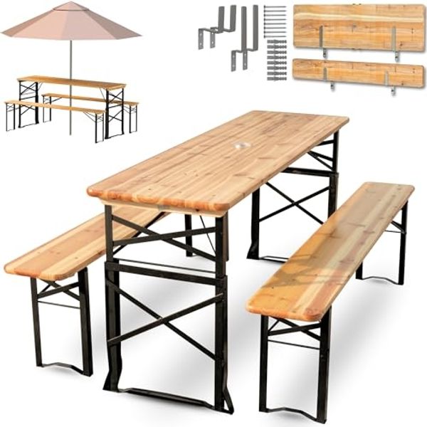 Holz4home Bierzeltgarnitur mit Sonnenschirmhalterung, 3-teilig, klappbar, Tannenholz natur, 167 x 50 x 75-101 cm