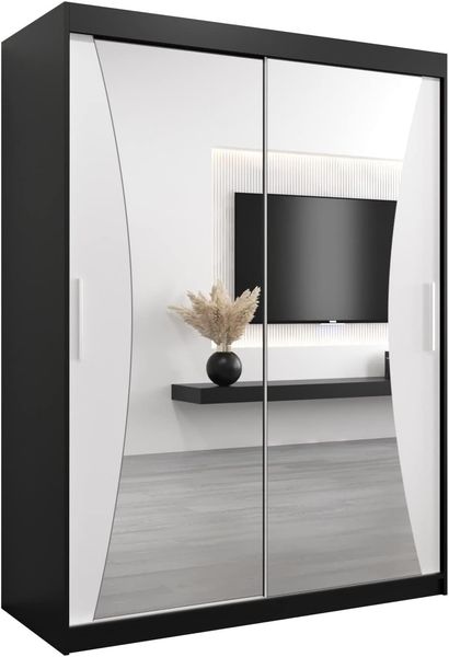 Kryspol Schwebetürenschrank Monaco 150 cm mit Spiegel Kleiderschrank mit Kleiderstange und Einlegeboden Schlafzimmer- Wohnzimmerschrank Schiebetüren Modern Design (Schwarz + Weiß)
